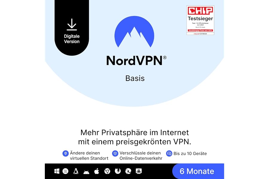 NordVPN Basis, 10 Geräte, 6 Monate, Premium-VPN-Software, Digitaler Code