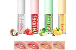 4 Pcs Hydrating Fruit Flavoured Lip Oil Set, Dulele Crystal Jelly Moisturizing No-Sticky Lightweight Lip Plumper Gloss, Transparent Lip Gloss for Dry and Chapped Lips