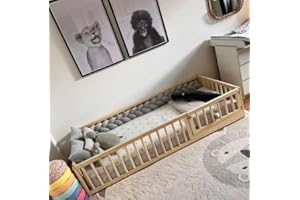 HOMEforDREAMS Natural Wooden Toddler Bed with Round Safety Rails and Gate - Montessori Style Floor Bed Frame, Easy Access Thanks to Low Design H4D-35 (120 x 60 cm)