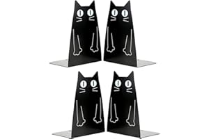 Coolnice 4 Stück Buchstütze, Buchstützen, Book Holder CD Kinder Metall, Schwarz rutschfeste Stabile Bookends Buchstopper, Buchhalterung Buch Halter Buchbeschwerer 2 Paar Bücherstütze mit Katze Design