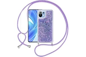 Pnakqil Funda Glitter Liquida con Cuerda para Xiaomi Mi 11 Lite 4G/5G 6.55",con Colgante Ajustable Collar Correa de Cuello Cadena Cordón y 1 Pack Cristal Templado Protector de Pantalla