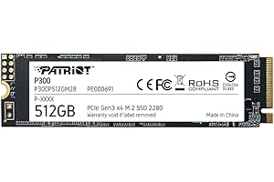 PATRIOT MEMORY Patriot P300 M.2 PCIe Gen 3 x4 512GB SSD NVMe M.2 de bajo Consumo - P300P512GM28 - Velocidad de Lectura hasta 1700 MB/s y Escritura de 1100 MB/s
