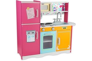 WOODENFUN Cucina parco giochi per bambini età 3-8, cucina pretendente in legno per i bambini, compreso il telefono, macchina per il ghiaccio, frigorifero