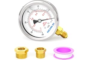 MEANLIN MEASURE -1~0BAR/-30~0 tum manometer i rostfritt stål 1/8 tum BSP 2,5" WOG vattenolja bottenmontering, med 1/4 tum BSP