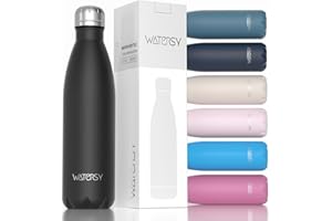 Stainless Steel Insulated Water Bottle, WATERSY Double Walled Metal Vacuum Flask Keep 24 Hrs Cold & 12 Hrs Hot Thermal Metal Sports Bottles 500ml BPA Free for Outdoor, Work, Gym, School (Black)