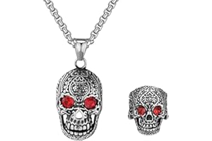 Liitata 2 Stück Totenkopf Anhänger Halskette Ringe Set Rot Kristall Augen Schädel Halskette Retro Skeleton Ring Rock Gothic Punk Hip Hop Kette für Männer