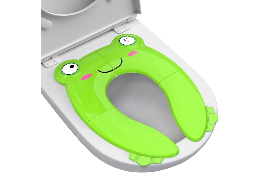 Maliton Toddler Toilet Seat, Foldable Potty Toilet Training Seat for Boys and Girls, with 2 Anti Slip Locks and 1 Carry Bag, Fits Square & D Shape & Oval Toilets, Green Frog