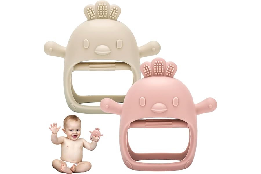 2 Pack Teething Toys for Baby, Teething Mitten for Babies, Toys 0-6 Months, Silicone Teether for Toddler Infant, Baby Boy Girl Shower Gifts Teething Relief Chew Toys (Beige + Pink)