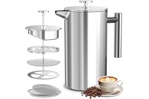 VOSFEEL French Press 600ML, Cafetiere 4 Cup, Stainless Steel Coffee Press, Double Wall Insulation, 3 Level Filtration System, Heat Resistant, Easy to Clean