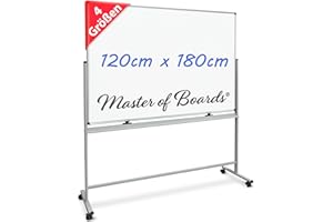 ‎MASTER OF BOARDS Master of Boards Magnettafel Whiteboard mit Ständer 120 x 180cm mobiles White Board auf Rollen doppelseitige Stativdrehtafel magnetisch, beschreibbar, rollbar, leicht abwischbar mit Stifteablage