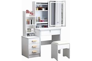 BBTEQEKN Kommode Schlafzimmer Weiß mit beleuchtetem Spiegel, Schminktisch mit versteckten Ablagen und gepolstertem Hocker, Schminktisch mit 5 Schubladen