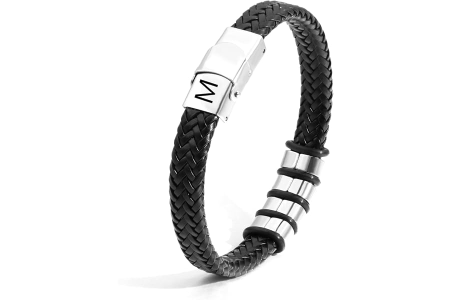 SAMINO Cuero Negro 26 Pulseras de Acero Inoxidable de Primera Letras Para Hombres Pulseras Colgantes de Letra A - Z Teji
