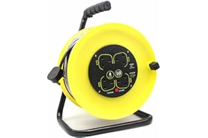 YEEJUAK Extension Lead - 50 Meter Extension Cable with 4 Socket Metal Frame - Free Standing, Extra Long Extension Lead Reel - Heavy Duty Cord Reels with Electric Cut Out to Prevent Overloading