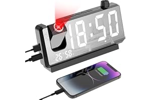 Cuteefun Reloj Proyector Techo, 7 Pulgadas Despertador Digital, Proyector de 180°, Puerto USB Doble, Temperatura y Humedad, Brillo de 3 Niveles, 12/24H, Doble Alarma, Snooze, Negro