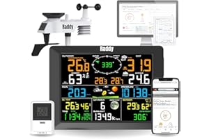 RADIODDITY Raddy WF-100C - Stazione meteo professionale, senza fili per interni esterni, sensori di umidità per la casa, con grande schermo, pluviometro, velocità del vento