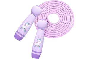 QUNKUN Corde à sauter réglable pour enfants de 2,6 m - Corde à sauter réglable avec poignée en bois - Corde à sauter pour enfants avec poignée en bois de dessin animé - Corde à sauter réglable en coton - 6,