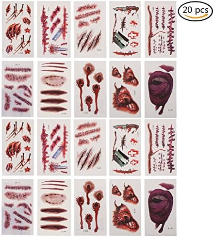 WANTING 20PCS 3D Halloween Zombie Scars Vampire Tattoo Wounds Temporary Tattoos Makeup Sticker for Halloween Party Carnival and Cosplay