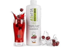 ‎ASVITA AsVita Getränkekonzentrat Fresh Mix 1:80-1 Liter Flasche - Getränkesirup zuckerfrei - 26 leckere Geschmacksrichtungen (Sauerkirsche) Zuckerfreier Sirup für Wasser