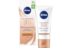 ‎NIVEA NIVEA 5 IN 1 Tagespflege BB 24h Feuchtigkeit LSF 15, getönte Tagescreme für mittlere bis dunkle Hauttypen, Gesichtscreme mit Bio Jojoba-Öl und Make-Up Pigmenten