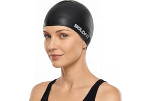 Boldfit Swimming Cap for Men Silicone Swimming Caps for Women Unisex Swim Cap for Boys, Girls and Kids Swimming Cap for Women Long Hair Swimming Head Cap Men Silicone Fabric, Easy Fit - Black
