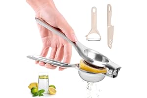 WLECRTL Manual Lemon Squeezer Heavy Duty, Stainless Steel Citrus Squeezer, Lime Citrus Juicer, Metal Lemon Press with Cutting Knife and Peeler for Lemons, Citrus, Limes