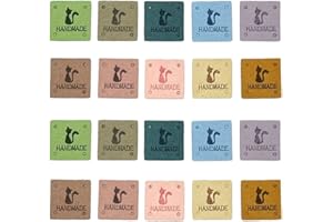 Houhounb Etiquetas de tela hechas a mano, etiquetas cuadradas de tela de costura, etiquetas de cuero, etiquetas de costura con 4 agujeros, etiqueta de gato hecha a mano, 2.5x2.5 cm, 40 unidades