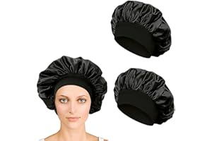 iLamvie 2 Paires Bonnet Satin Cheveux Nuit,Bonnet De Nuit Satin, Soie Cheveux pour Femmes Longs Bouclés(2Noir)