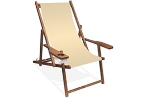 PROMO TRADE Holz-Liegestuhl mit Armlehne und Getränkehalter, Klappbar, mit dunkelbrauner Lasur, Wechselbezug (Naturweiß)