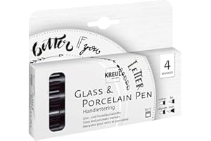KREUL 16480 - Glass & Porcelain Pen Handlettering, 4 Schwarze Stifte mit verschiedenen Spitzen und Strichstärken, brillante Glas-und Porzellanmalfarbe, ideal für schöne Schriften