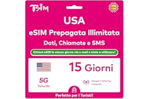 TSIM USA eSIM 15 Giorni. Rete T-Mobile con Dati Illimitati ad Alta Velocità, Chiamate Locali e SMS negli USA (Hawaii Incluse). Ricevi eSIM Stesso Giorno via Email e Inizia a Usare Immediatamente!