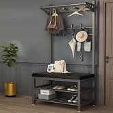 Appendiabiti,Stand Appendiabiti da Terra con Scarpiera 3 in 1,Stabile Appendiabiti Ingresso con Ganci con Panca,Facile Montare,per Ingresso,Camera da Letto,Soggiorno,Legno Naturale