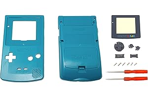 THE TECH DOCTOR Carcasa completa de repuesto Gameboy Color, lente de pantalla y botones, kit de reparación profesional que incluye herramientas (verde azulado)