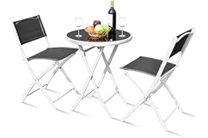 COSTWAY Conjunto Mesa y Sillas Jardín Plegable con 3 Piezas, Mesa y 2 Sillas Terraza con Estructura de Metal y Vidrio, Set de Bistró Sillas y Mesa Redonda para Interior/Exterior Negro