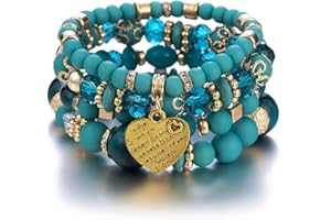 Branets Lot de 4 bracelets à perles extensibles bohémiens avec cœur et turquoise chaîne de main pour femmes et filles