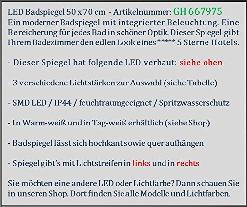 LED Badspiegel 50 x 70 cm Spiegel mit Beleuchtung RECHTS Bad Spiegel- GH-667975-1-W57-RECHTS – warm – weiß - 6