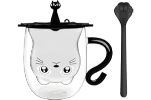Afitdon Tasse Double Paroi Mignonne, Chat Tasse à Café Double Paroi 280 ml avec cuillère, Chat Tasse a Cafe Peut contenir du latte macchiato, Tasse à Cappuccino Cadeau pour les amoureux des chats
