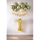1 Yaş K&uuml;f Yeşili, Deniz Kumu ve Krom Gold Balonlu Konsept Doğum G&uuml;n&uuml; Seti