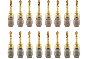 Nakamichi FanLock 24K Enchufe de BFA banana chapado en oro 10 AWG - 18 AWG calibre 4 mm para Altavoces Amplificador Receptor AV Estéreo Teatro en Casa Cable de Audio Conector, 16 piezas (8 pares)