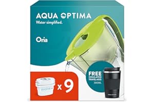 Aqua Optima Oria Water Filter Jug & 9 Evolve+ Filter Cartridges + Free 380ml Travel Mug, 2.8L, Green - Fridge & Dishwasher Friendly - Reduces Limescale, Chlorine and Other Impurities