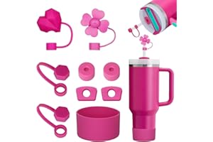 FOSFUKEER Zestaw akcesoriów do kubków Stanley, 6 szczelnych zatyczek silikonowych, 2 pokrywki z otworem na słomki, 1 silikonowe etui na kubki o pojemności 1,2 l i 850 ml (bez kubków), fuksja