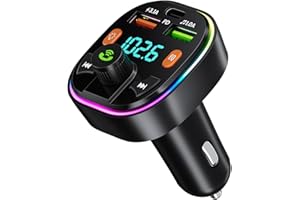 GlasFlength FM Transmitter Auto Bluetooth, Auto Radio Adapter Autoladegerät mit Freisprecheinrichtung PD 20W & Typ-C QC 3.0 Bass & Hi-Fi Stereo Schnellladung mit Blauem Umgebungslicht