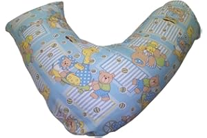 RAYYAN LINEN Printed V Shaped Pillowcase for Back and Neck Support, Orthopedic, Maternity, Relaxing, Feeding (Teddy Bear Giraffes Blue Yellow)