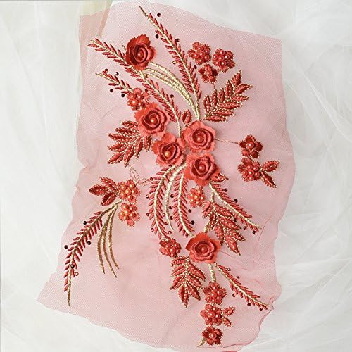 XUNHUI Red+Gold Exquisite Pearl Beaded 3D Flower Blossom Lace Applique for Dress Lace Patch 1 Piece