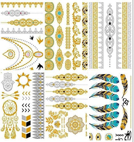 Premium Metallic Temporary Tattoos, KALLOE 75+ Gold and Silver Mandala Mehndi Boho Designs Waterproof Sticker Flash Jewelry Tattoos for Women Teens Girls