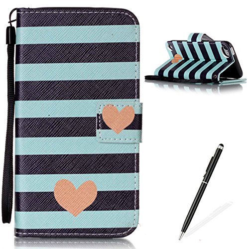 Feeltech for iPod Touch 5/6 Case Premium Colorful Pattern Folio PU Leather Wallet Cover [1*Pen] Stand Card Slots Magnetic Closure Full Body Protective Flip Book Style Hand Strap Stripe Heart