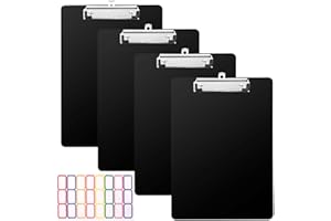 Towviy A4 Portablocco Plastica, 4 Pezzi Portablocchi in Plastica con Pinza Porta Blocco in Cartone Appendibile 31.5 * 22cm con Adesivi, Nero, per Ufficio Scuola