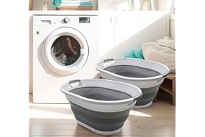 SAMMART Zusammenklappbarer Wäschekorb aus Kunststoff, 32 l, Faltbarer Pop-Up-Aufbewahrungsbehälter/Organizer, tragbare Waschwanne, Fassungsvermögen: (2, Weiß/Grau)