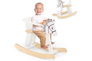 HOMASIS 2 in 1 Schaukelpferd Zebra, Baby Schaukelstuhl aus Holz, Weiß Schaukeltier mit Abnehmbarem Zaun & Griffe & Fußstütze, Schaukelwippe Tragkraft 40 kg, Schaukelspielzeug für Kinder ab 3 Jahren