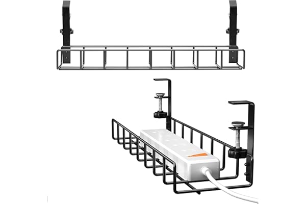 TiSANY Under Desk Cable Management Tray 2 Pack, Cinati Upgraded Wire Management No Drill, Cable Tray with Clamp for Desk Wire Management, Computer Cable Rack for Office, Home - No Damage to Desk