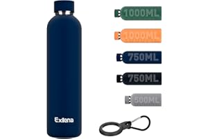 Exllena Insulated Water Bottles 1l with Clip, Double Wall Vacuum Drinks Bottle Keeps Drinks Cold 24 Hrs/Hot 12 Hrs, Stainless Steel Water Bottle BPA Free (Dark Blue)